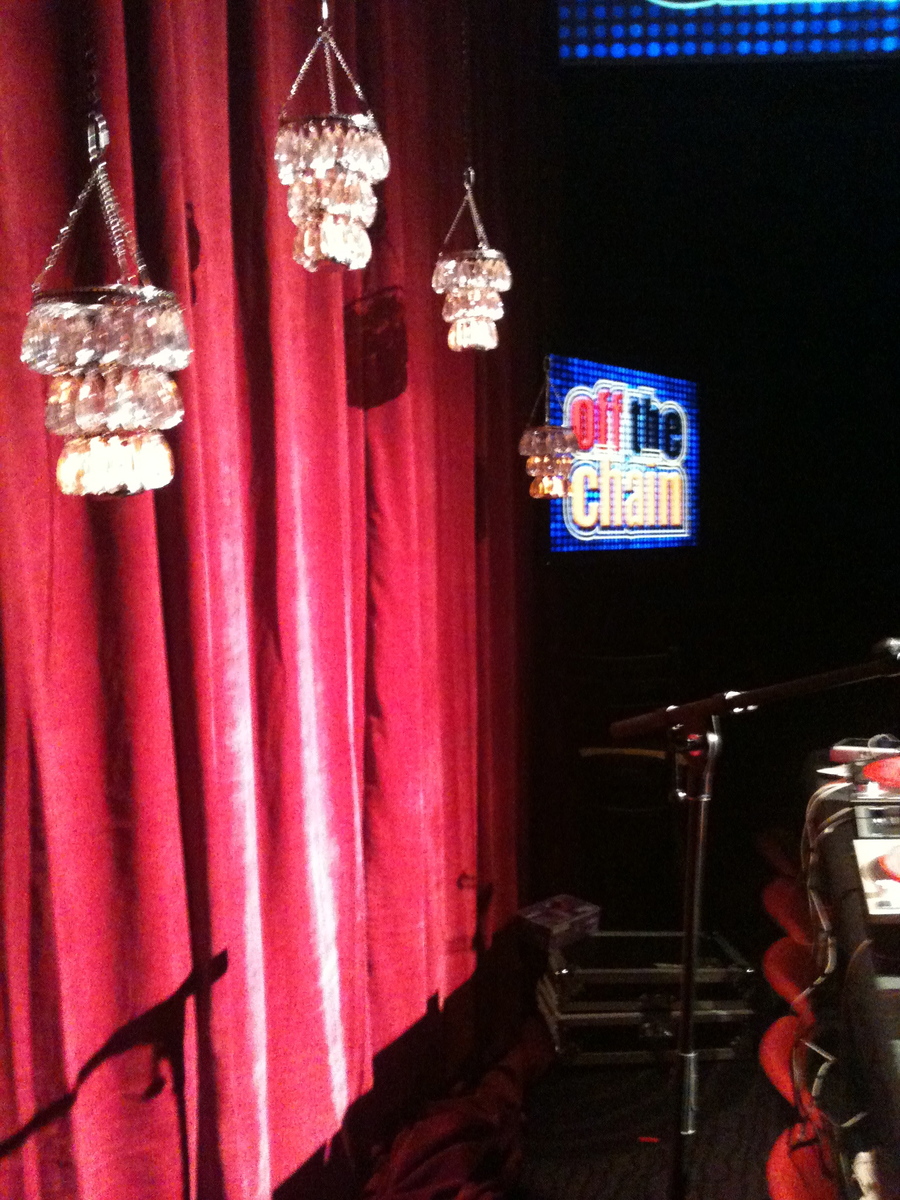 Dj Booth with hanging crystal tea light chandeliers 